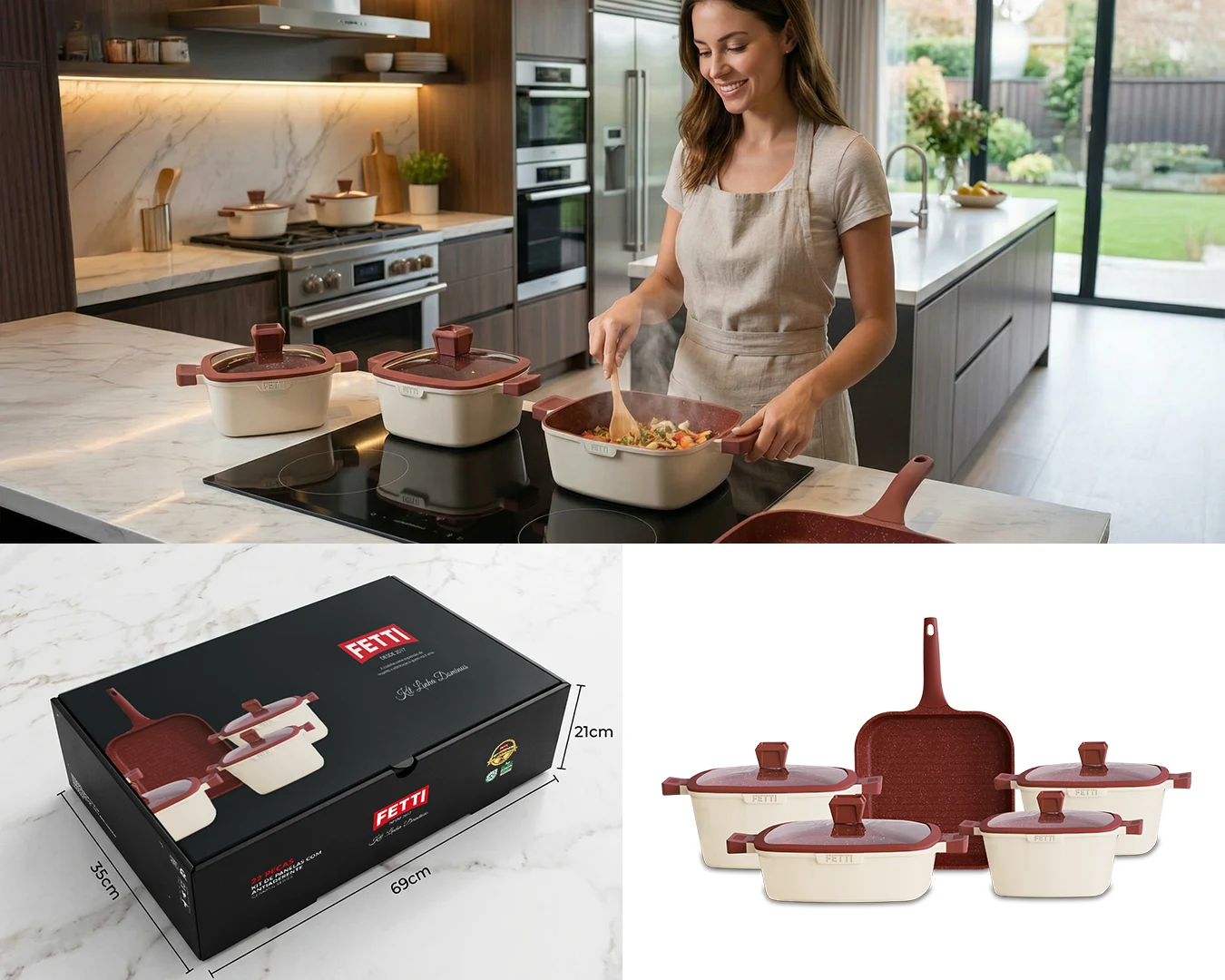 Fetti Dominus Line Set: cookware in use, packaging with dimensions, and the complete set of pieces
