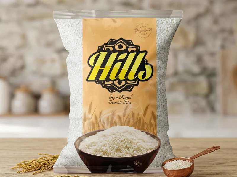 Hills Rice basmati rice packaging with text in Urdu