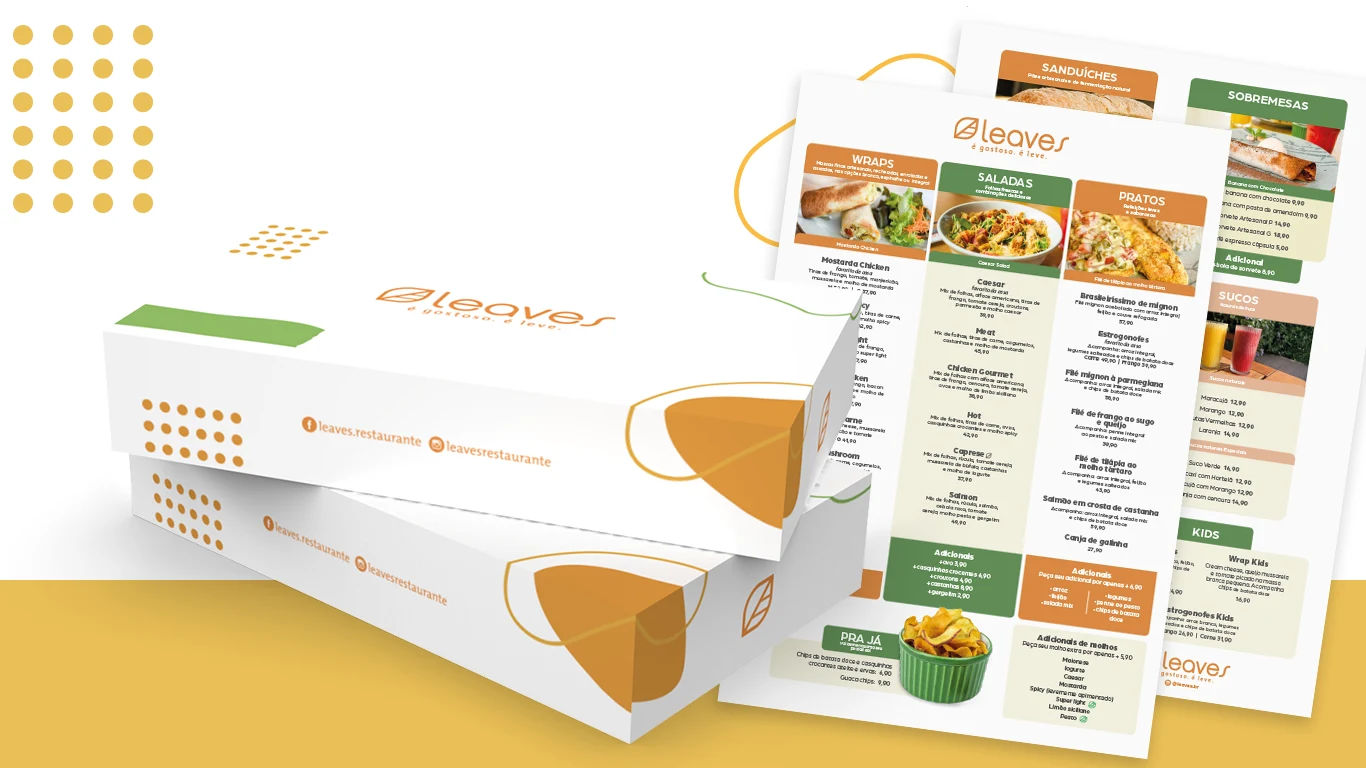 Leaves menus with sections for wraps, salads, entrées, sandwiches, desserts, juices and kids' items, alongside the delivery packaging