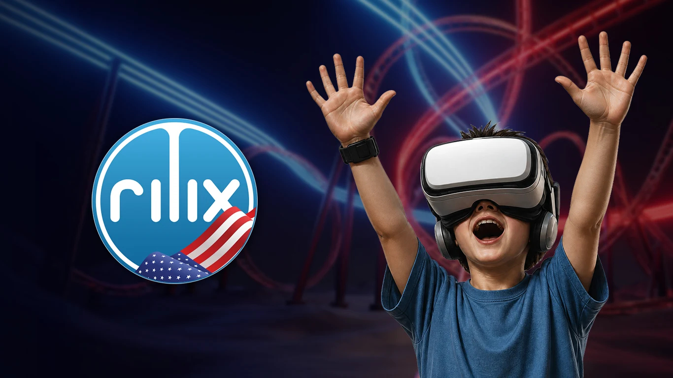 Rilix piece for the American market: a child wearing a VR headset next to the brand mark with the US flag