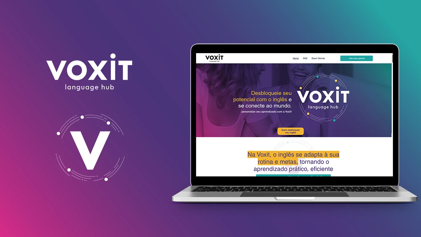 Voxit brand, the V symbol with the ring of dots, and the site's homepage shown on a laptop