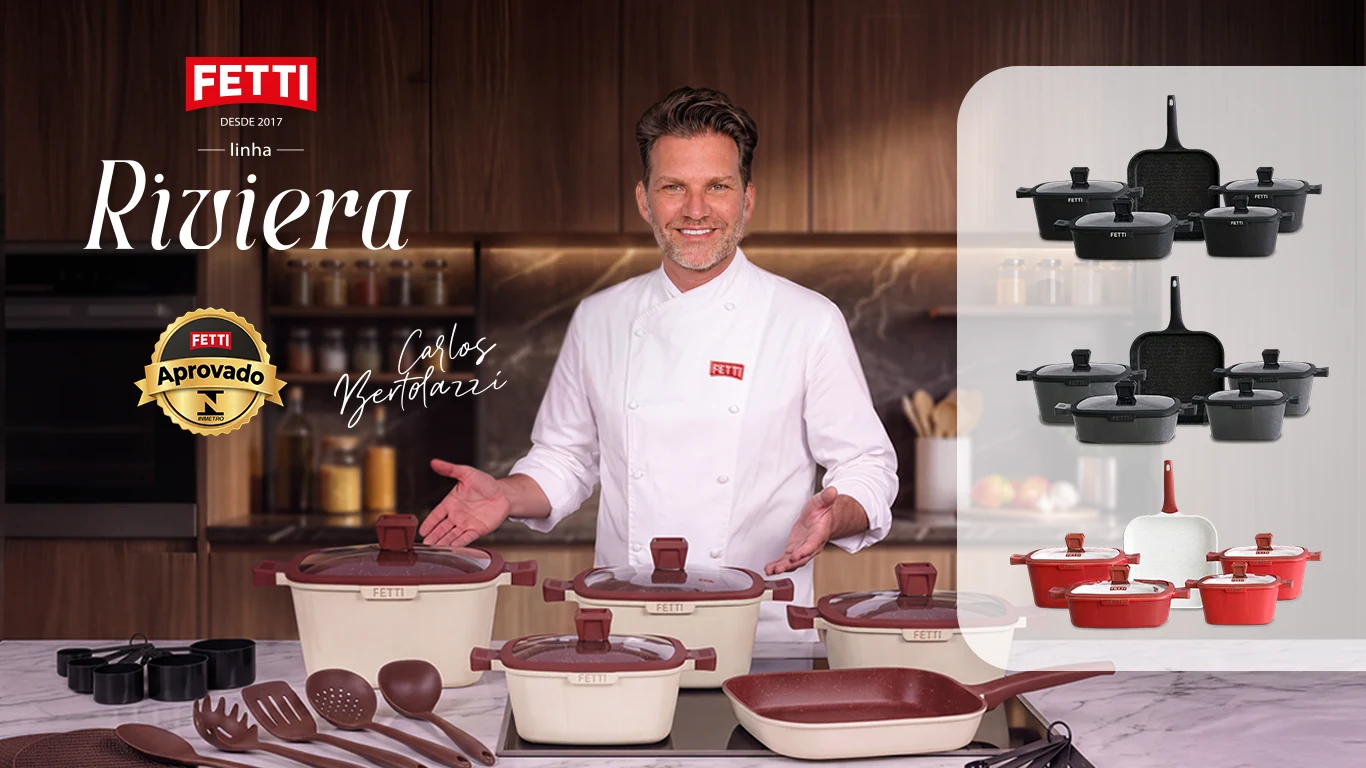 Riviera line cookware by Fetti featuring chef Carlos Bertolazzi, with the cookware set styled in a kitchen environment
