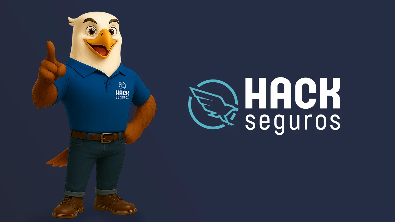 Hack Seguros mascot: a 3D eagle shown in four views, presenting an insured home and holding an insurance contract