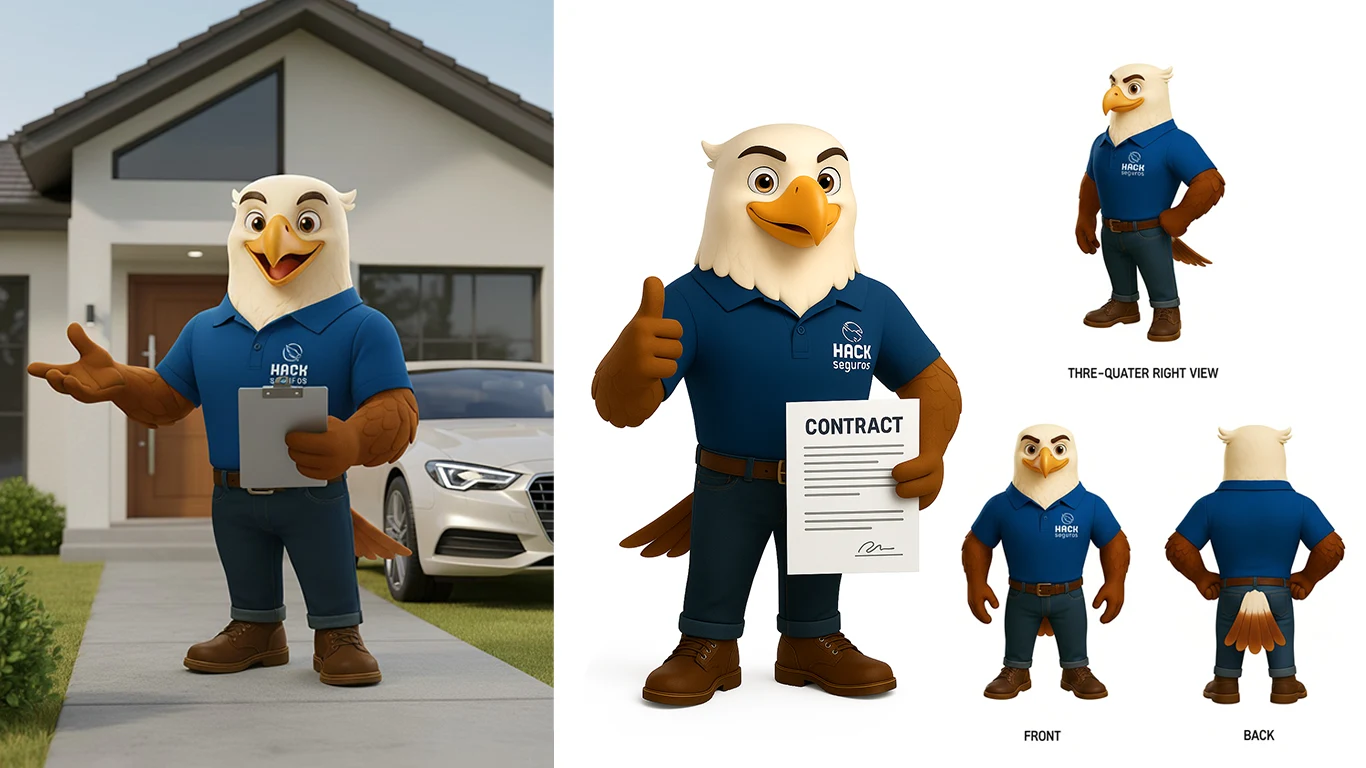 3D views of the Hack Seguros mascot — front, three-quarter, profile, and back — with the character shown in two customer service scenarios