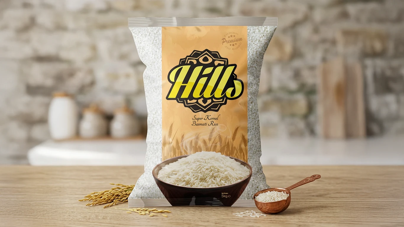 Hills Rice basmati rice packaging with text in Urdu